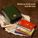 Green leather wallet for cash and cards