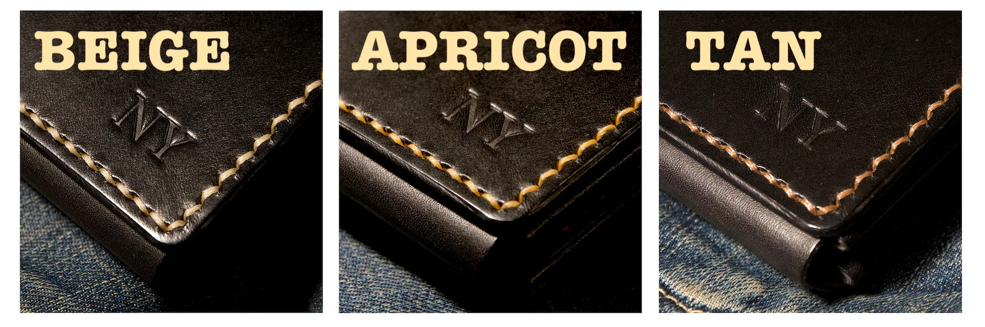 Black men's wallet, hand-stitched beige apricot tan thread